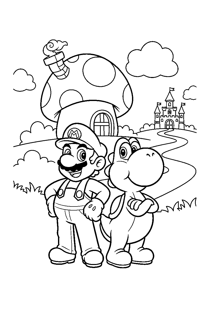 mario yoshi posing proudly in a magical world line art