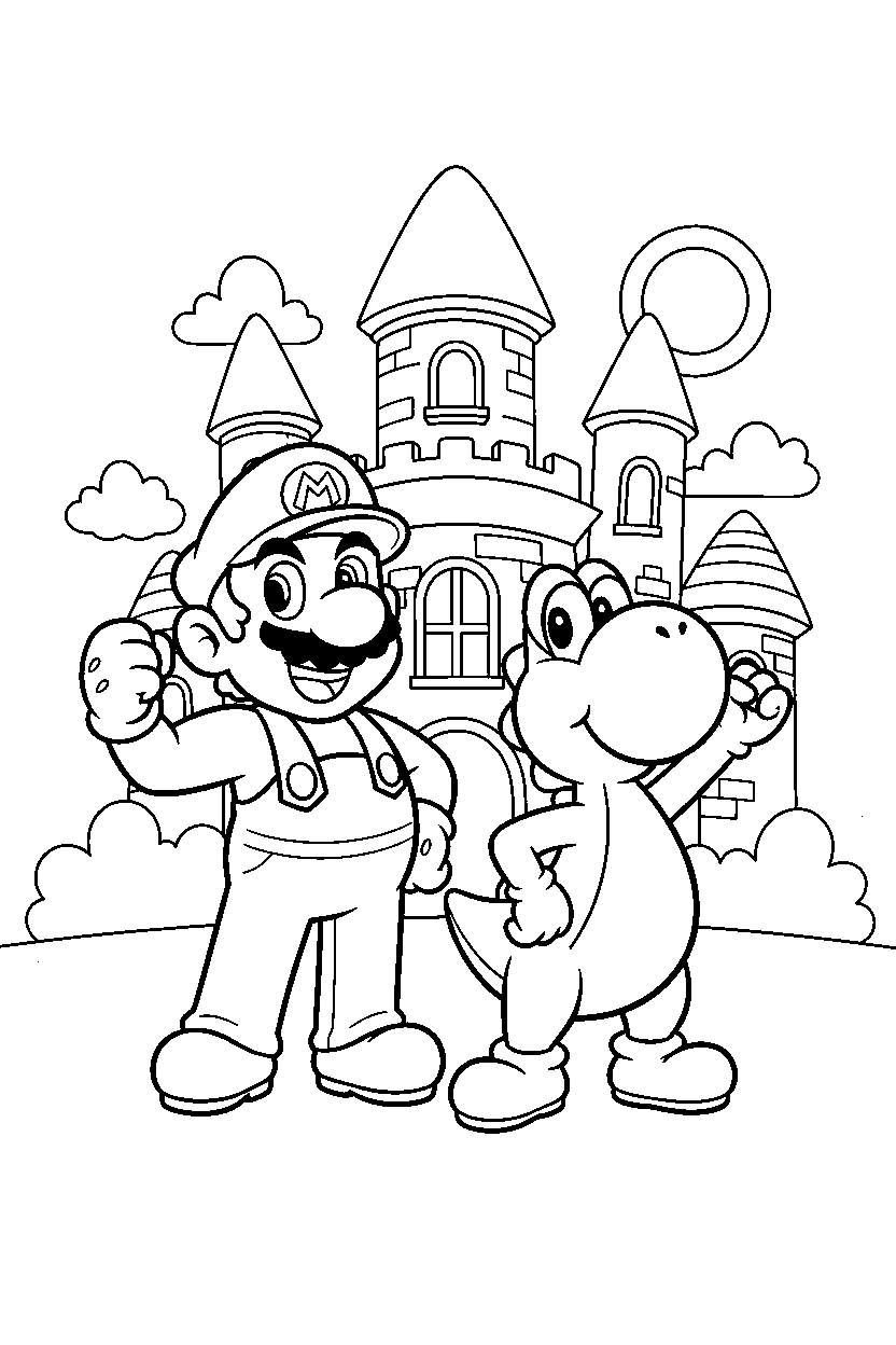 mario yoshi posing proudly near a castle line art