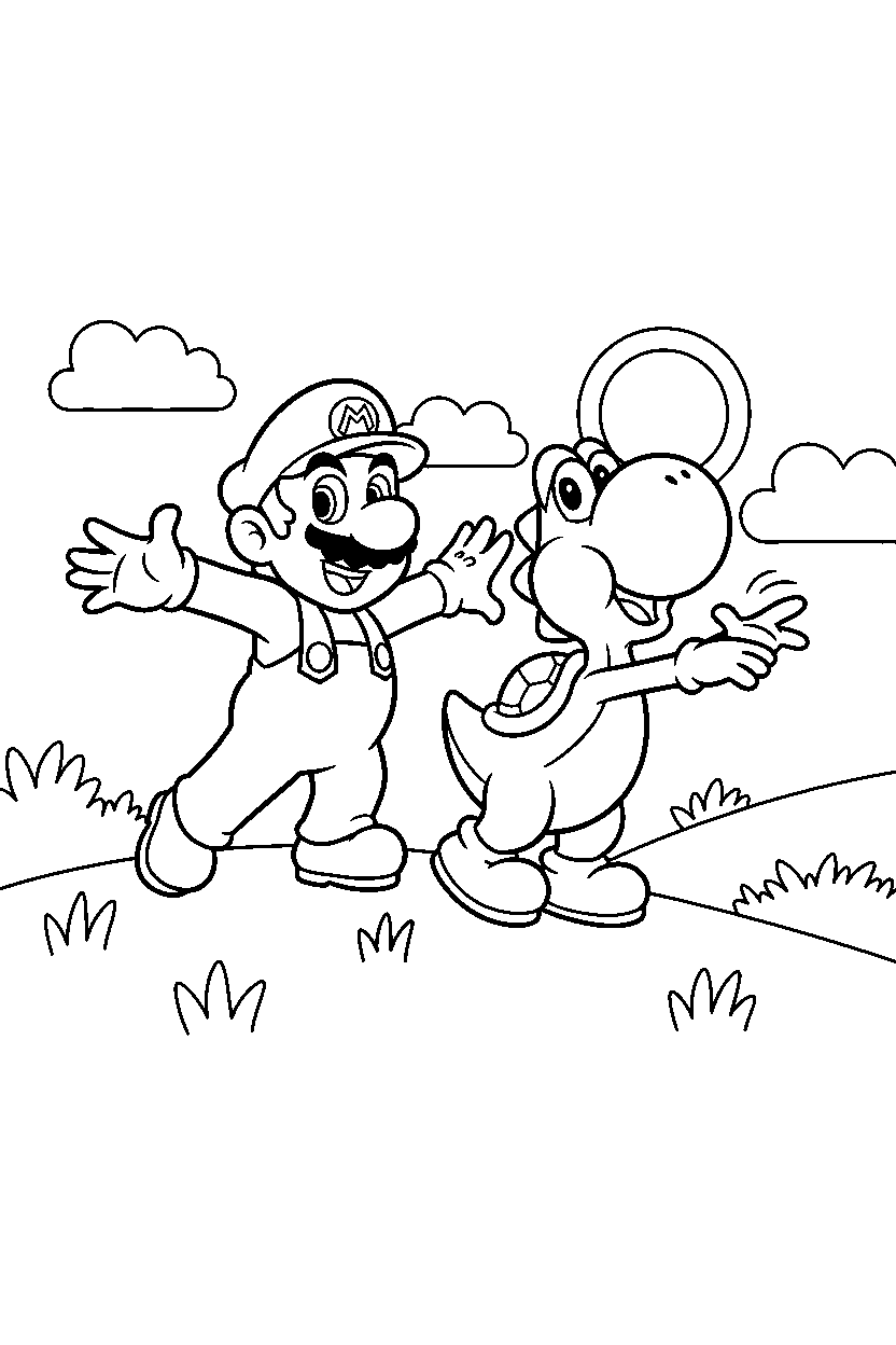mario yoshi reaching in grassy field line art
