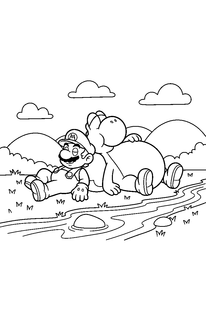 mario yoshi resting by river line art