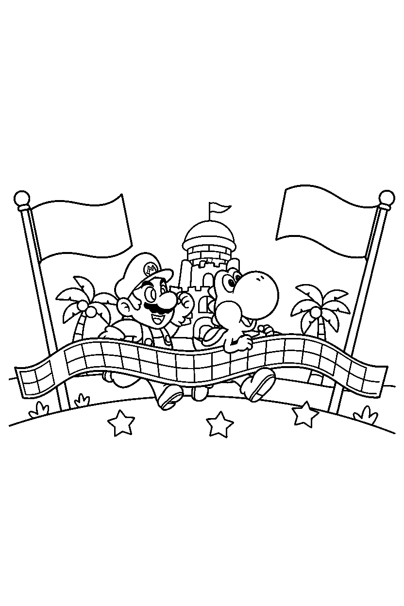 mario yoshi running in finish area line art