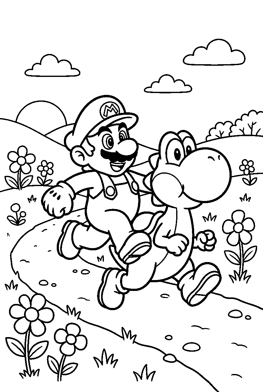 mario yoshi running in flower kingdom line art
