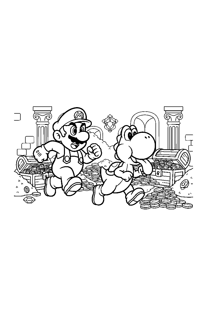 mario yoshi running in treasure room line art