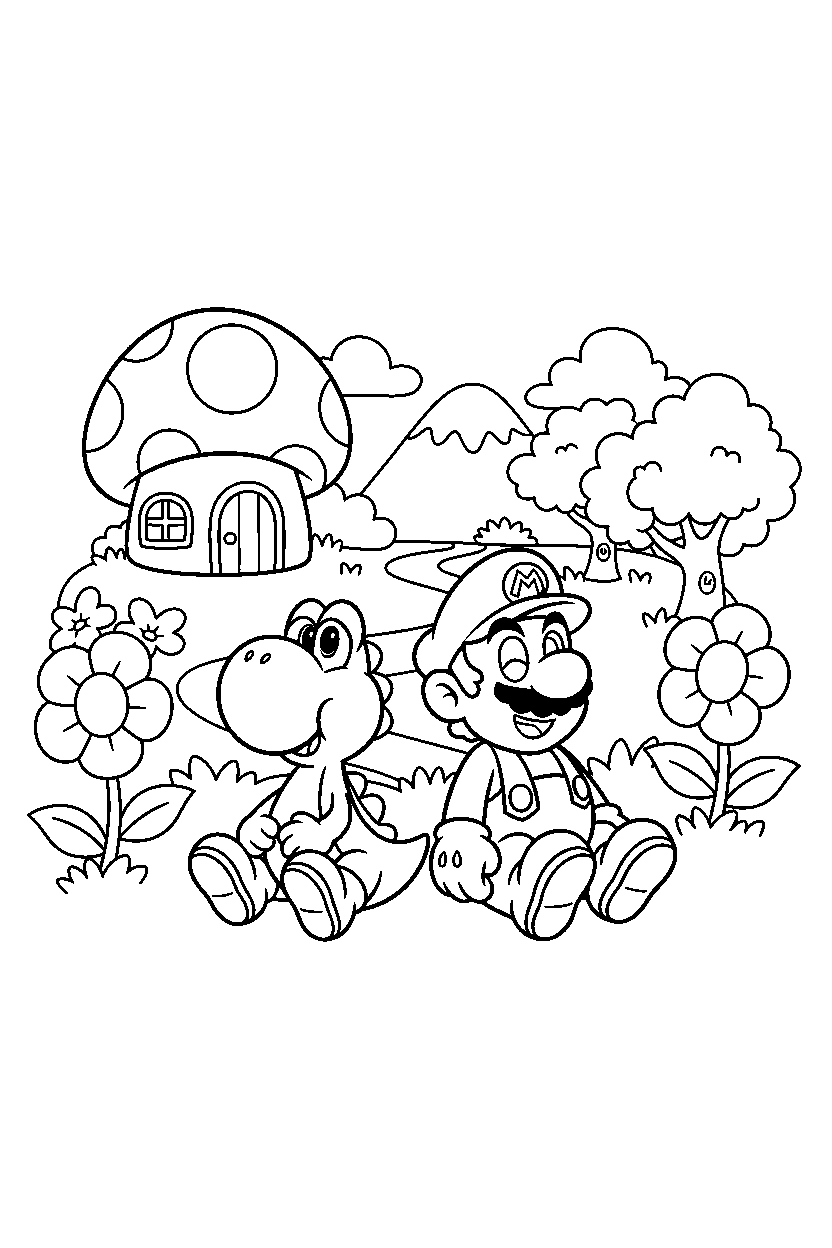 mario yoshi sitting peacefully in a bright adventure land line art