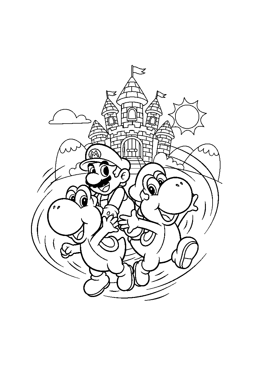mario yoshi spinning happily near a castle line art