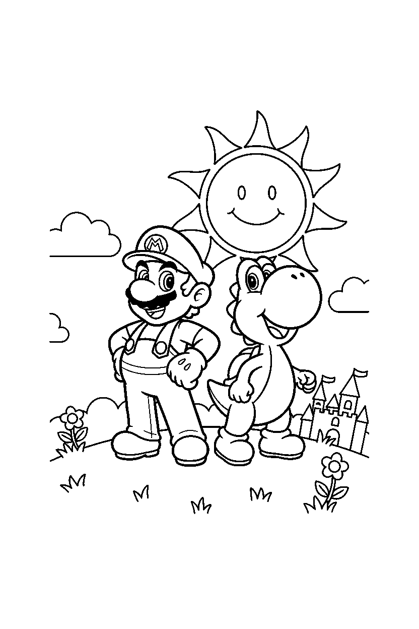mario yoshi standing bravely on a sunny hill line art