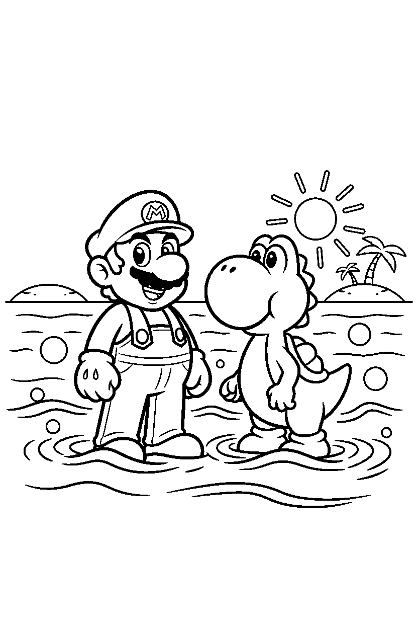 mario yoshi standing calmly in ocean line art