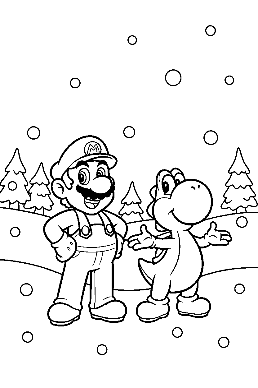 mario yoshi standing confidently in snow level line art