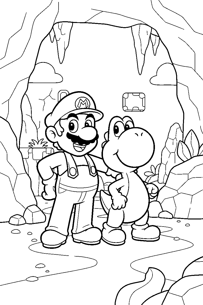 mario yoshi standing proudly in a cave level line art