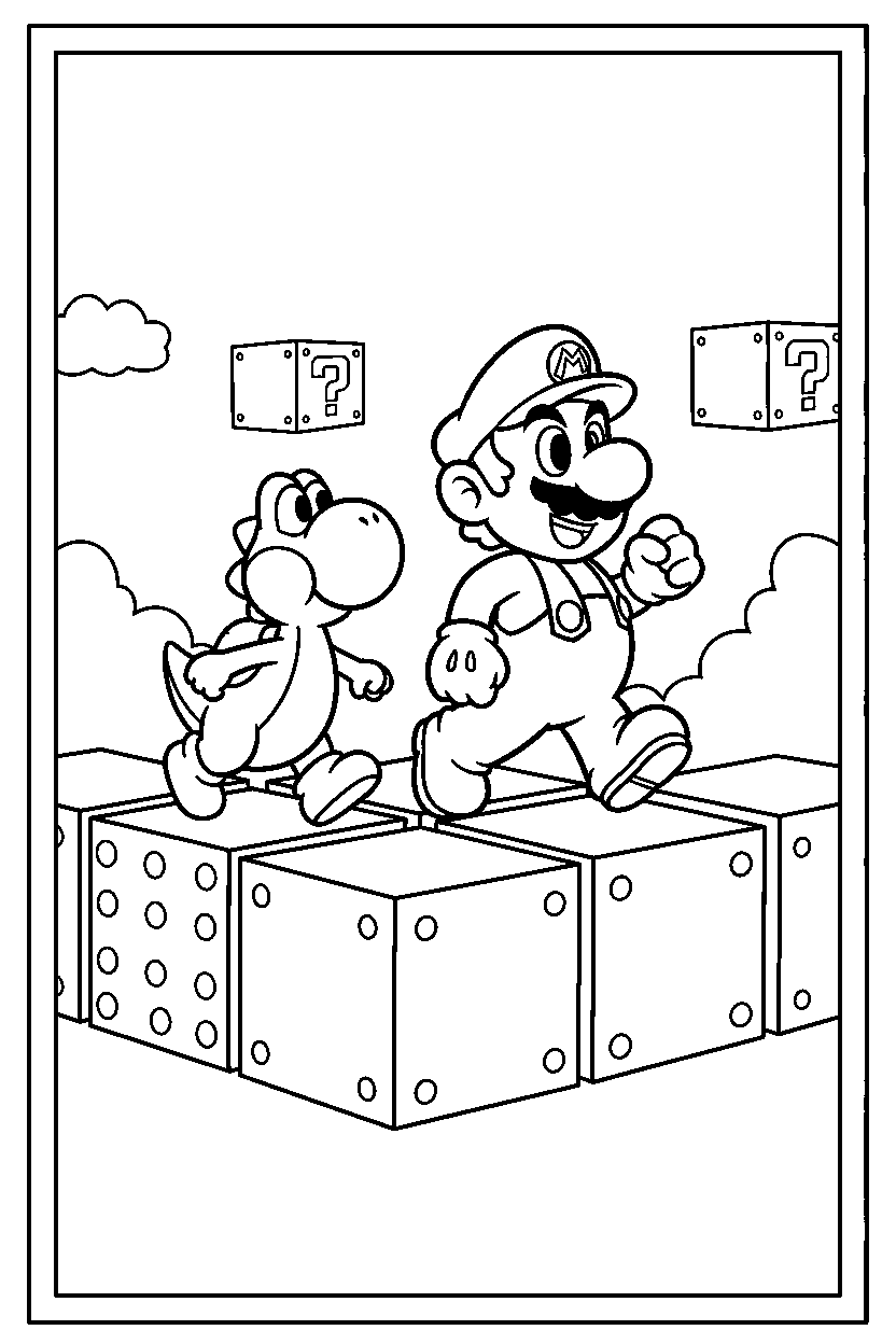 mario yoshi walking in block area line art