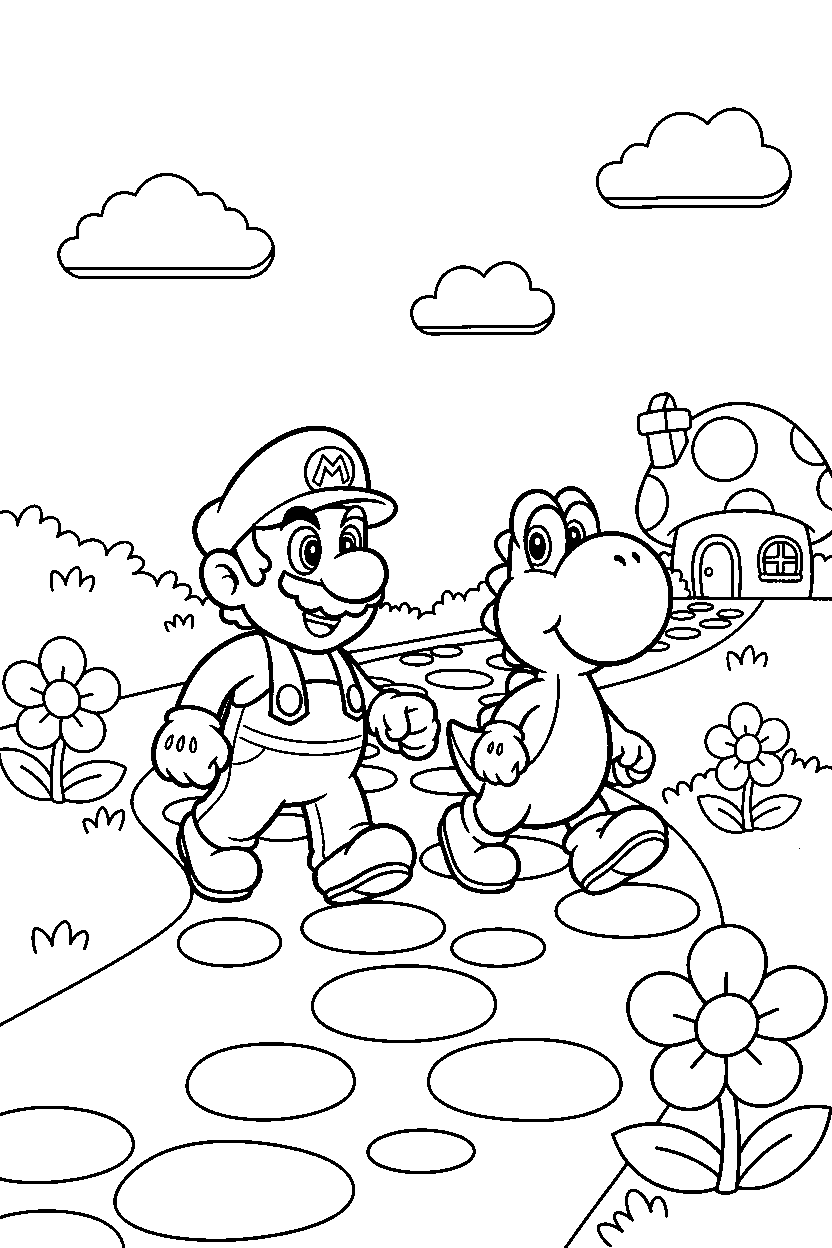 mario yoshi walking slowly on pathway line art