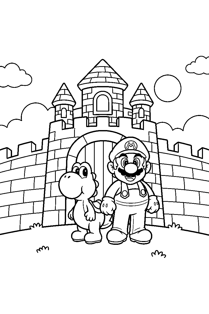 mario yoshi watching in castle line art