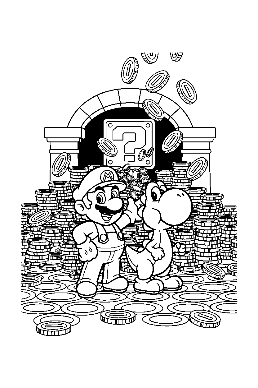 mario yoshi watching in coin room line art