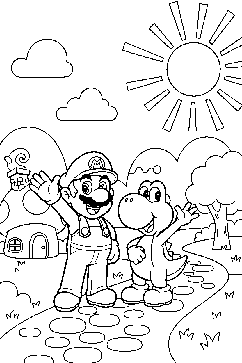 mario yoshi waving happily in a bright adventure land line art