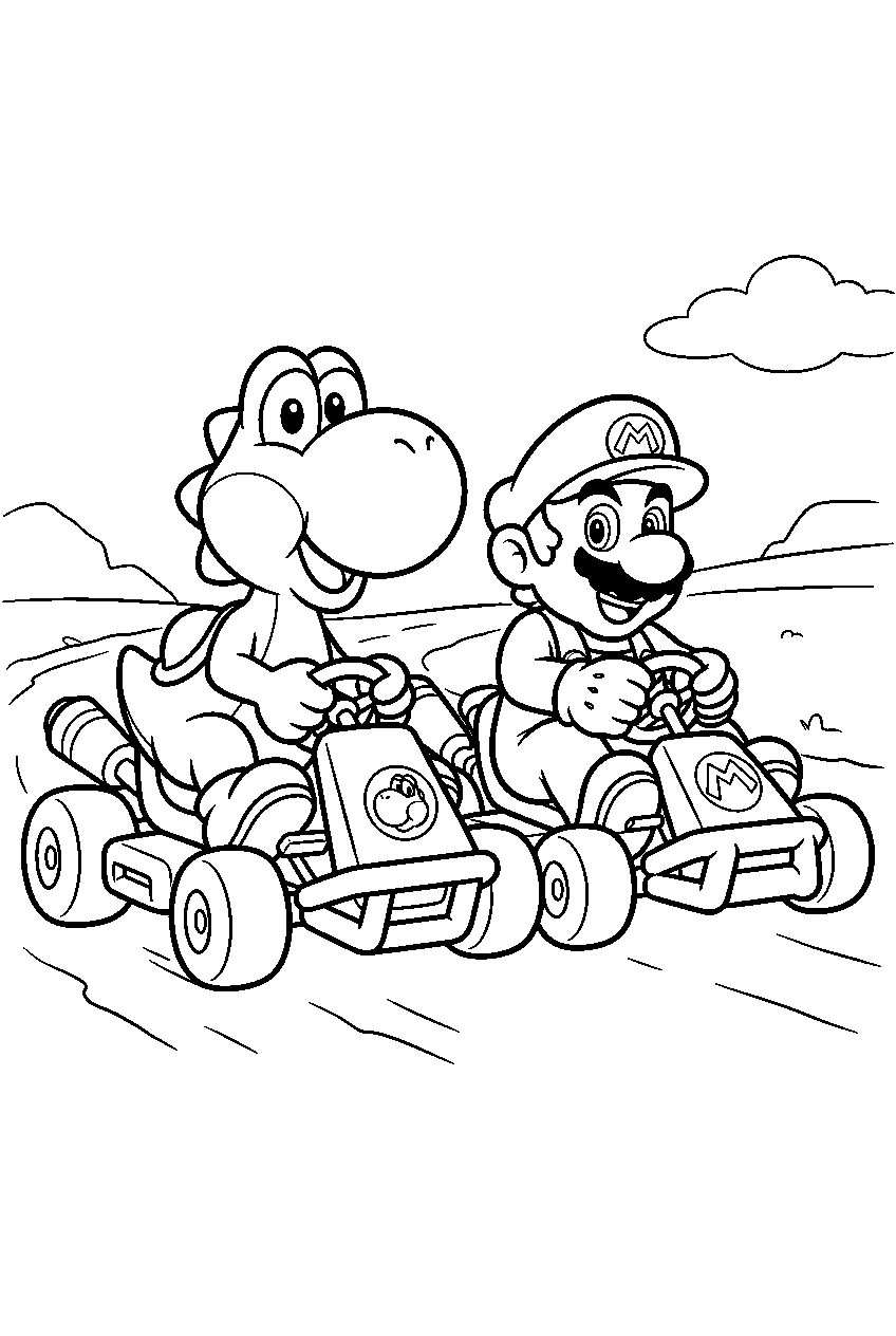 yoshi racing with mario line art