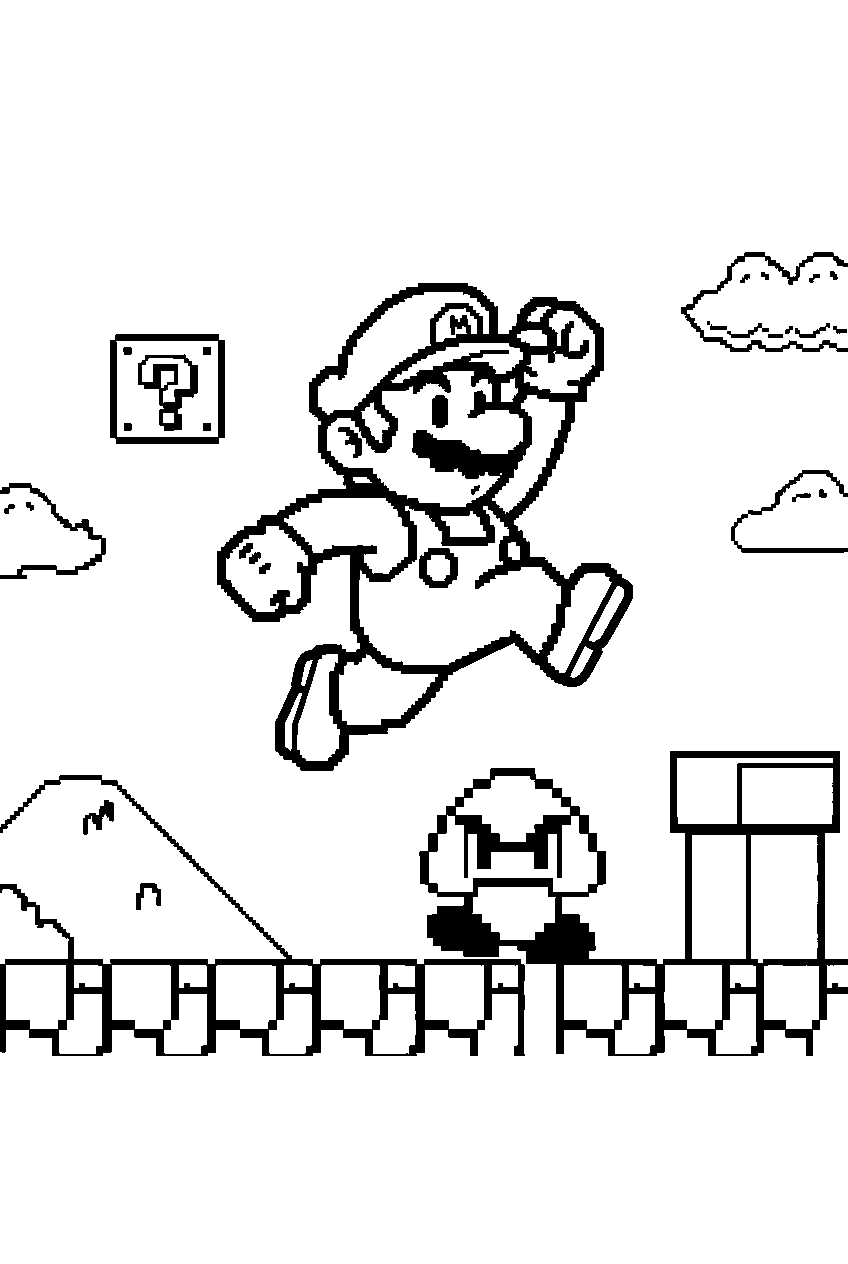 8 bit mario jumping over a pixel goomba in a classic level line art