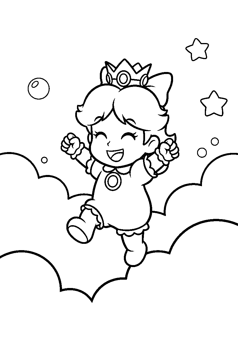baby daisy celebrating happily in a cloud world line art
