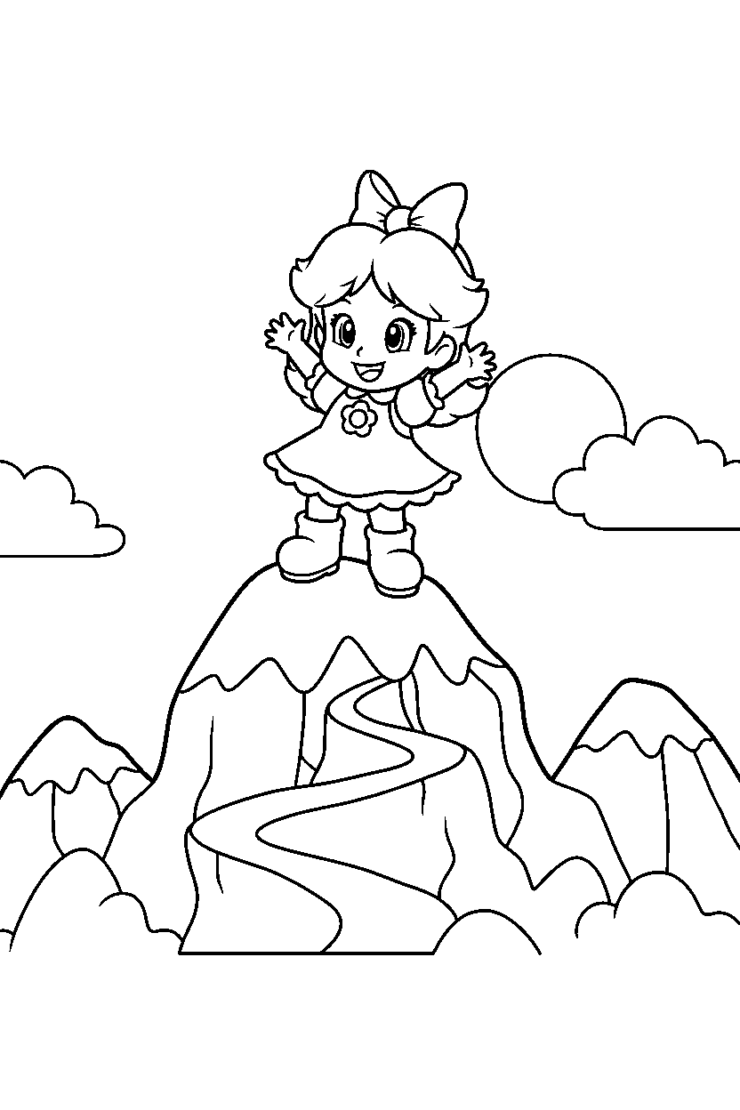 baby daisy from super mario series celebrating adventure on a mountain level line art