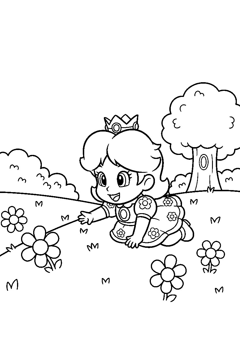 baby daisy from super mario series exploring happily in a grassy level line art