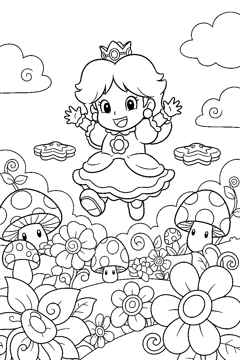 baby daisy from super mario series jumping happily in a fantasy land line art