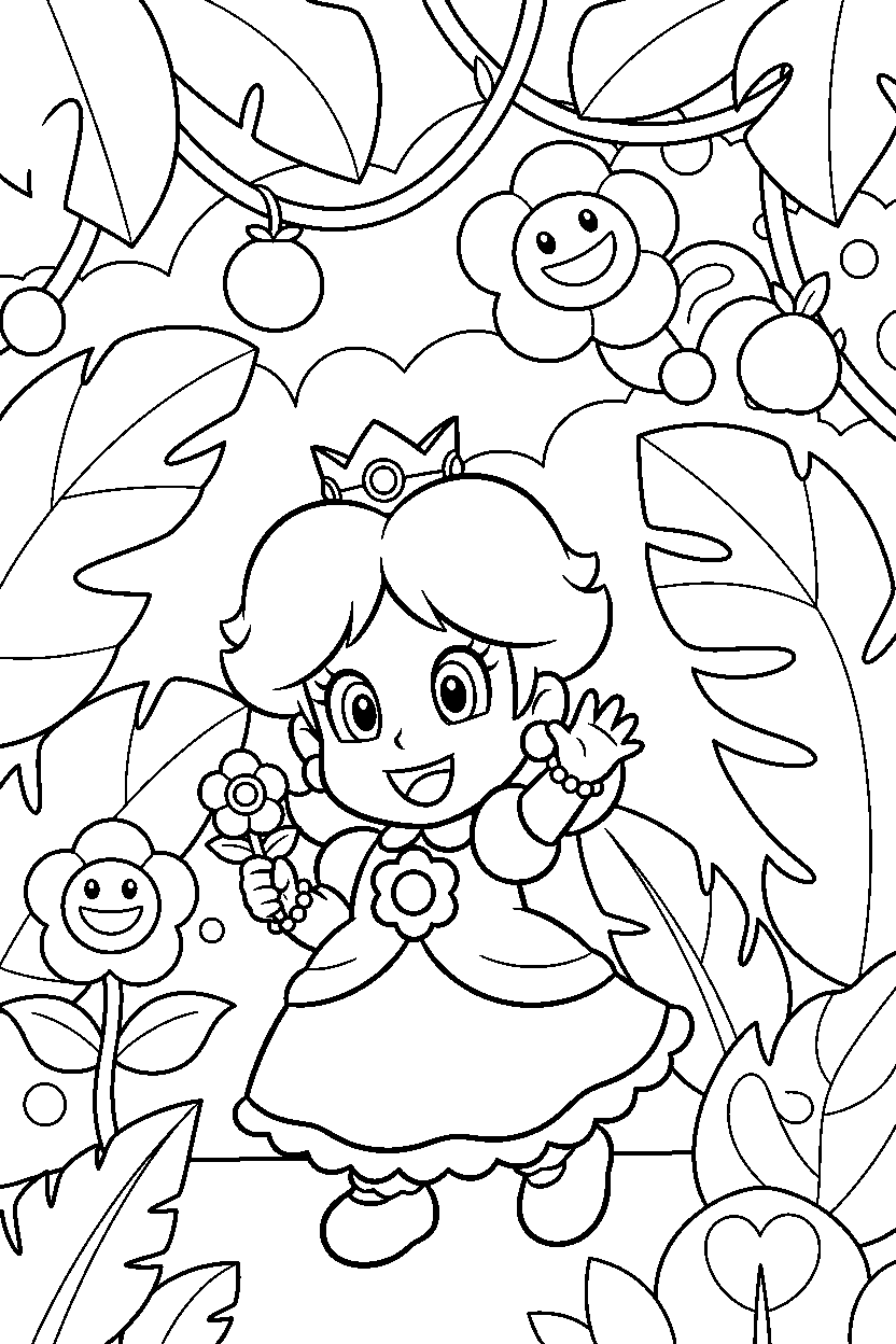 baby daisy from super mario series looking happy in a jungle level line art