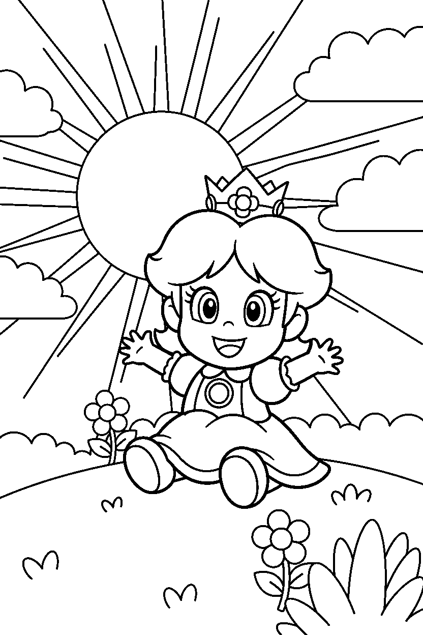 baby daisy from super mario series looking happy on a sunny hill line art