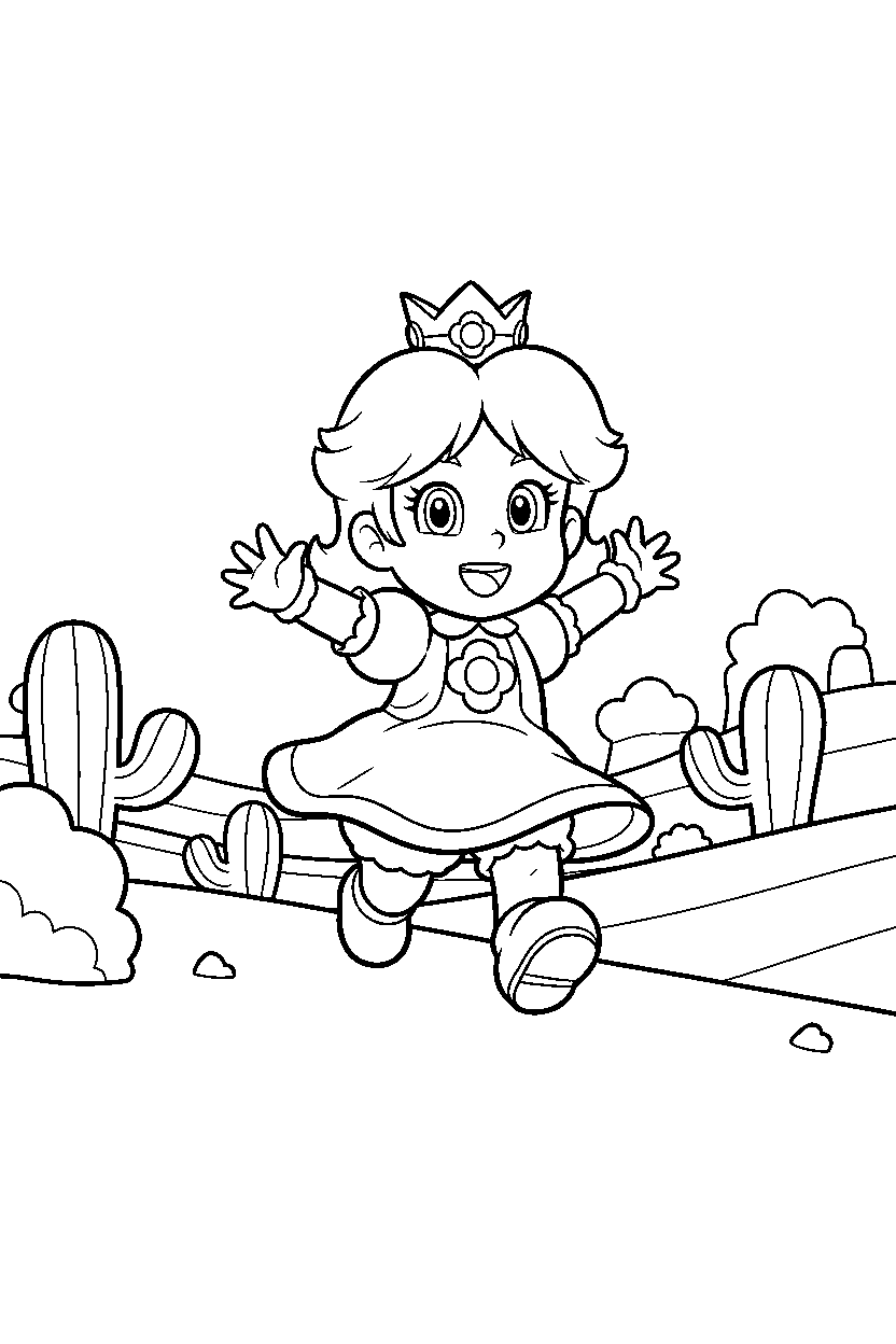 baby daisy from super mario series running happily in a desert level line art