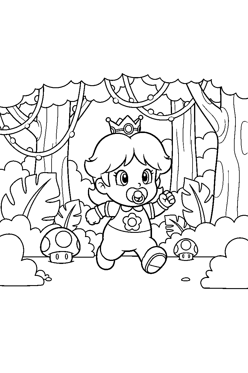 baby daisy from super mario series running happily in a jungle level line art
