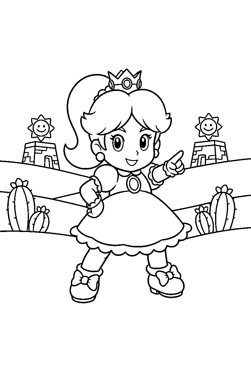 baby daisy from super mario series standing bravely in a desert level line art