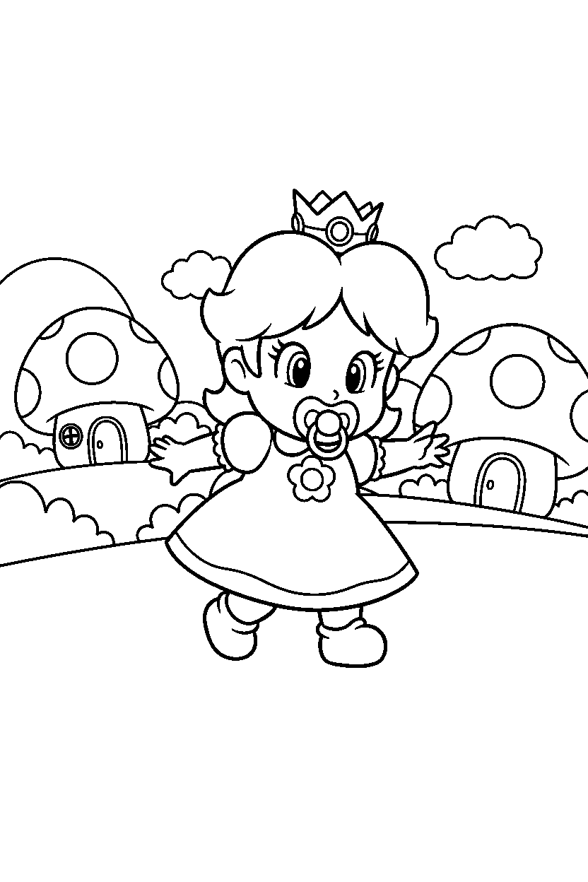 baby daisy from super mario series walking carefully in the mushroom kingdom line art