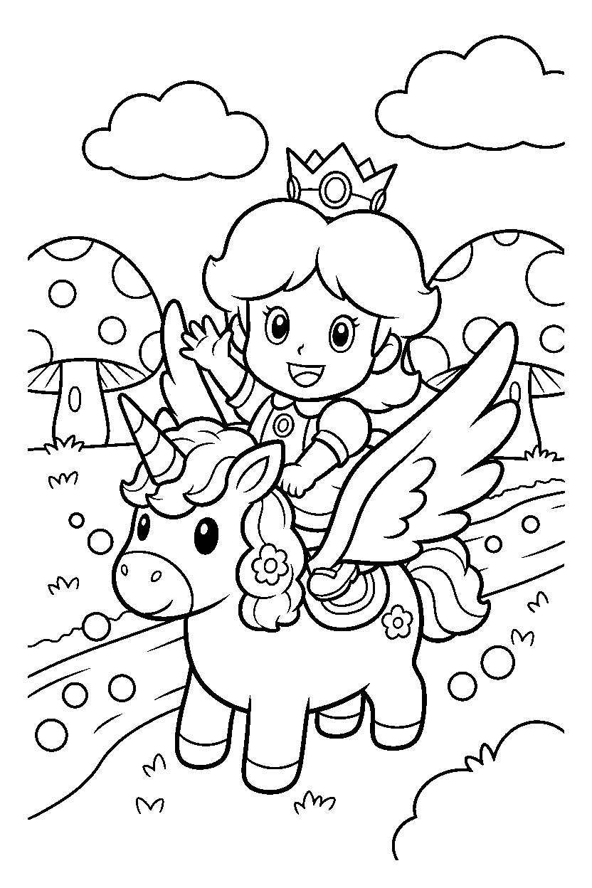 baby daisy riding happily in a fantasy land line art