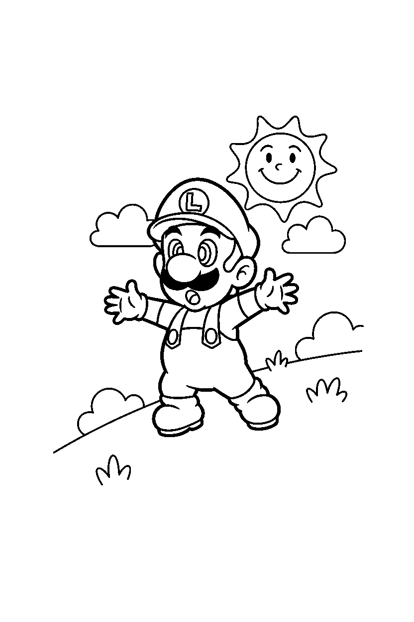 baby luigi looking surprised on a sunny hill line art