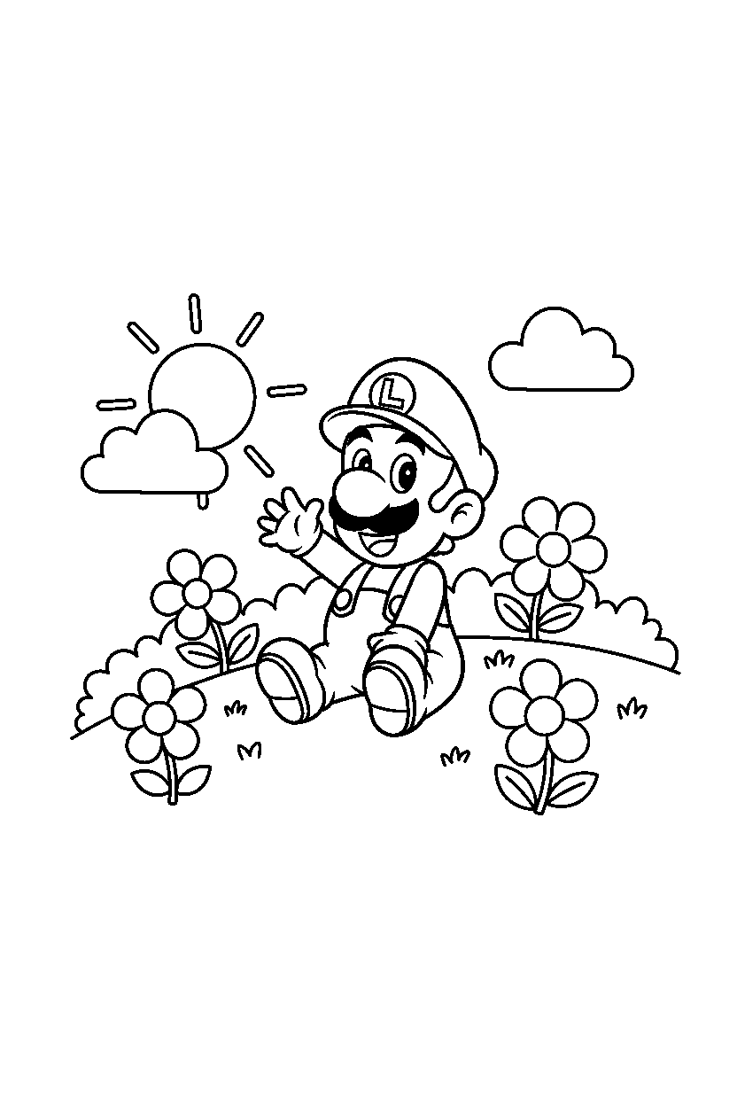 baby luigi playing happily on a sunny hill line art
