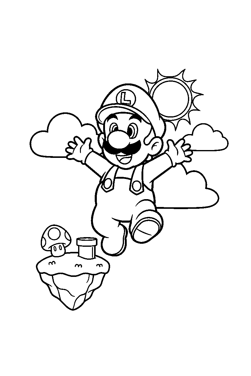 baby luigi posing happily in a sky level line art