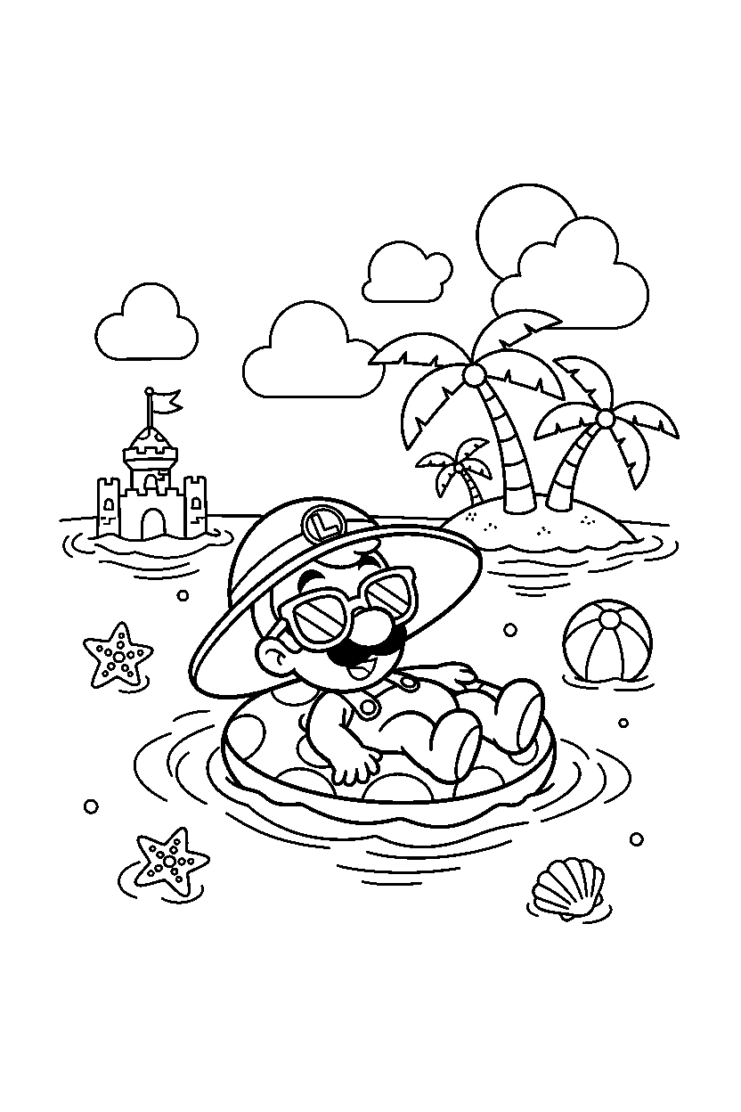 baby luigi relaxing peacefully in a beach level line art