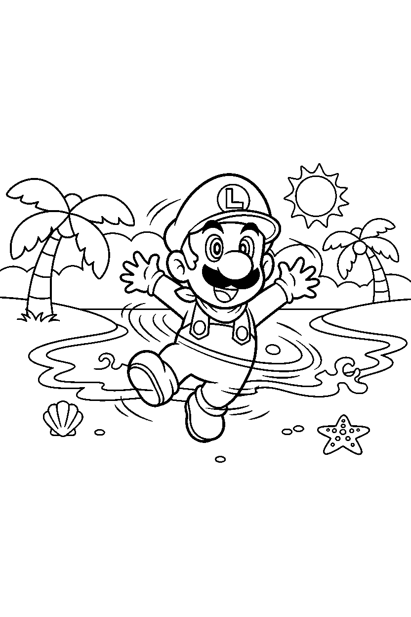 baby luigi spinning happily in a beach level line art