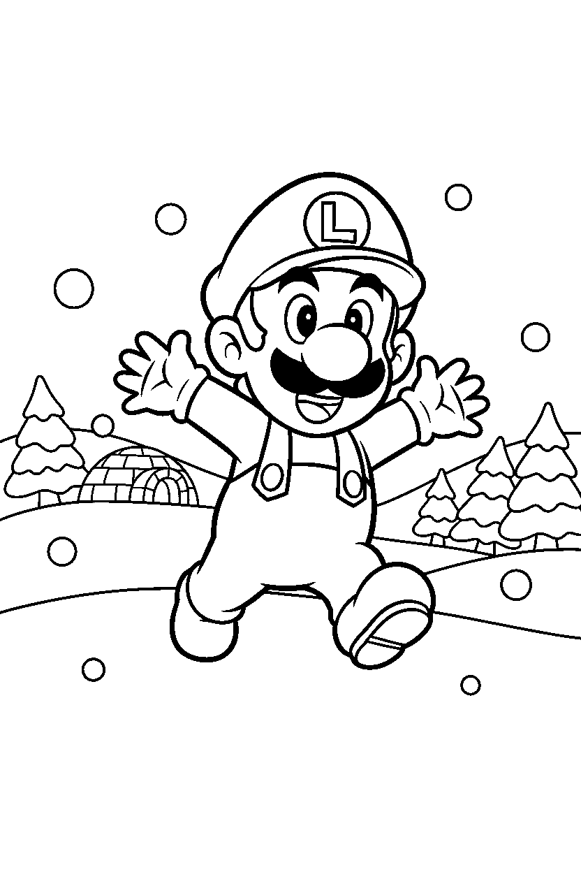 baby luigi walking happily in a snowy level line art