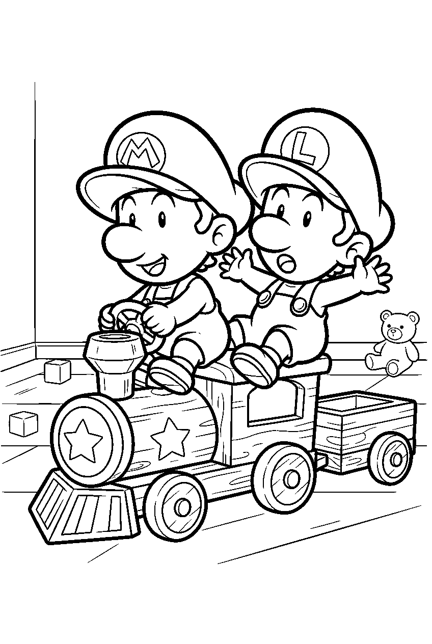 baby mario and baby luigi riding a toy train in a playroom line art
