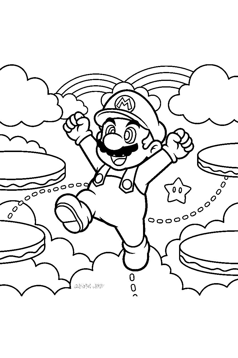 baby mario celebrating adventure in a sky level line art