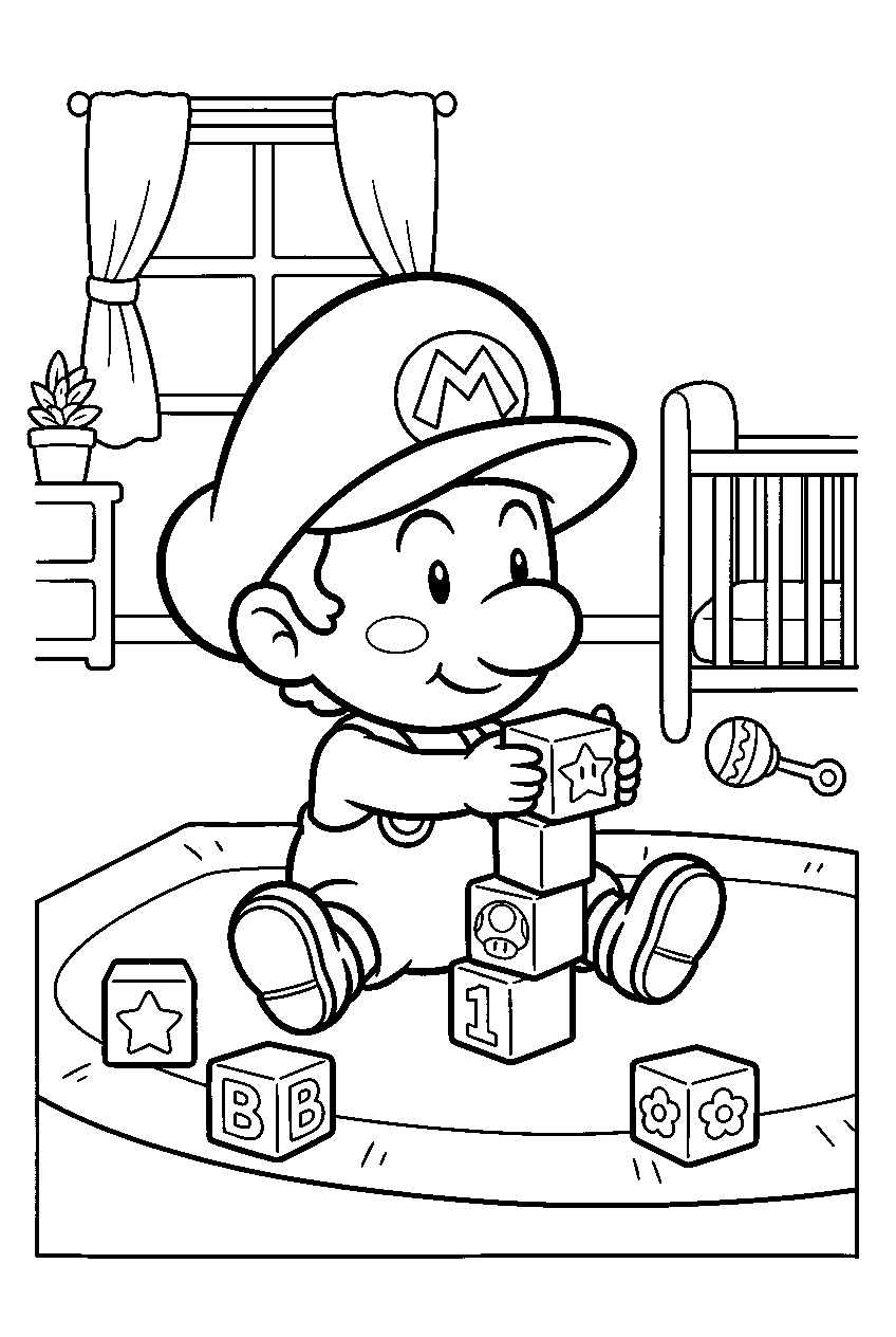 baby mario playing with toy blocks in a nursery line art