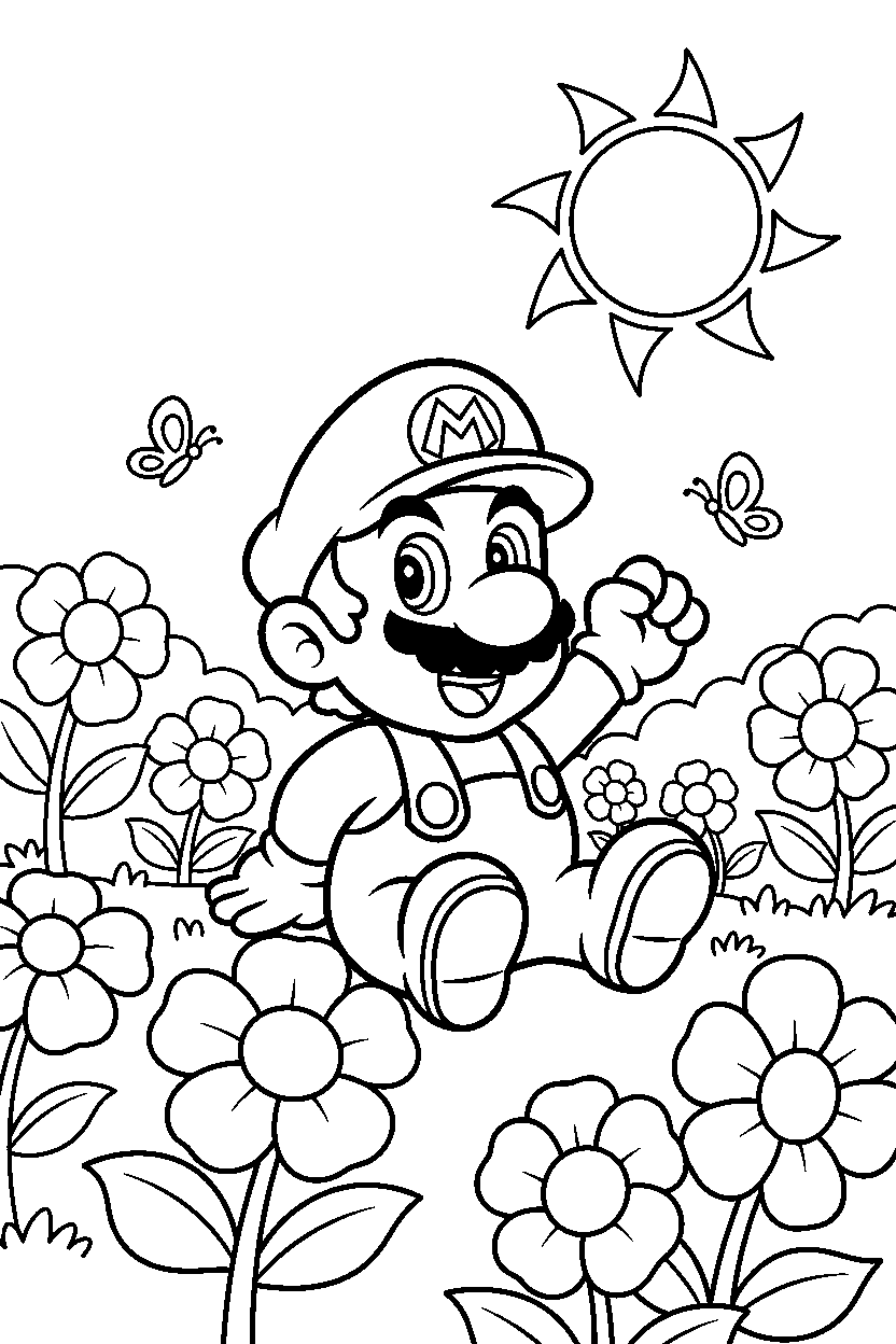 baby mario posing happily in a flower field line art