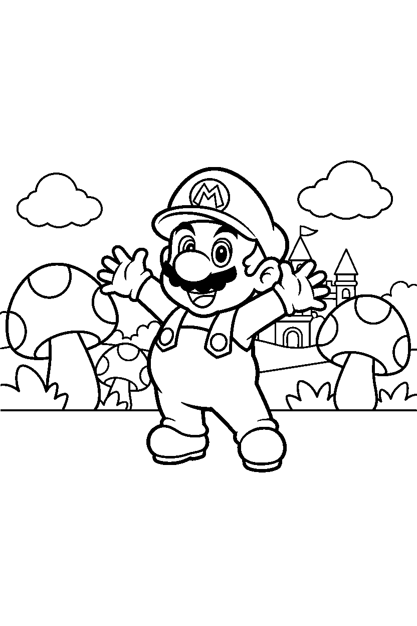 baby mario posing happily in the mushroom kingdom line art