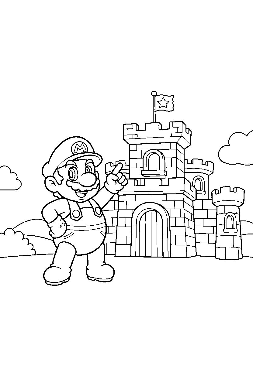 baby mario posing proudly near a fortress line art