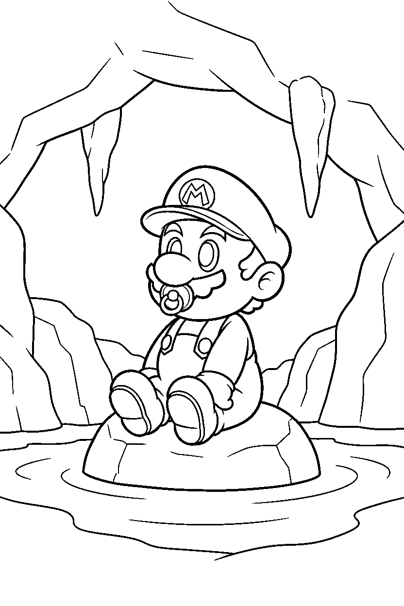 baby mario sitting peacefully in a cave level line art