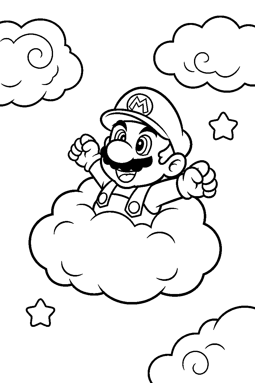 baby mario smiling happily in a cloud world line art