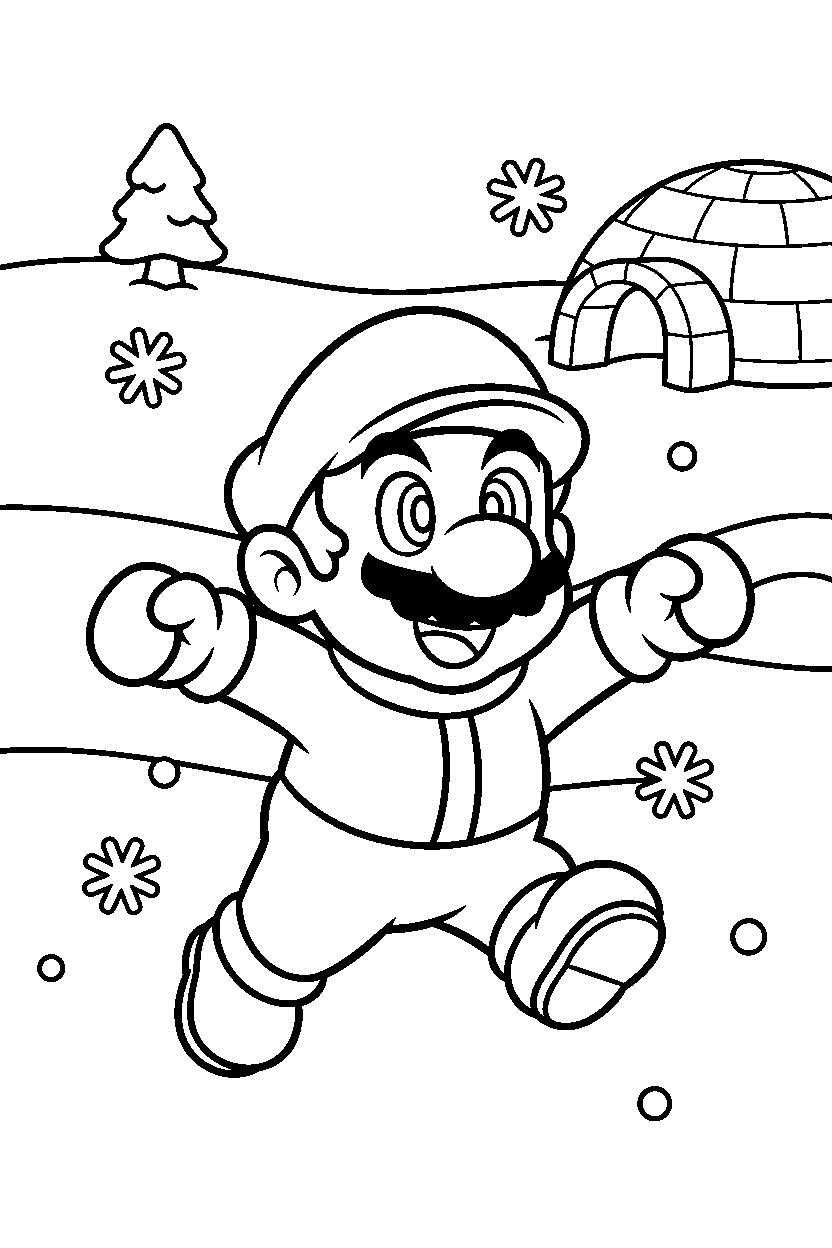 baby mario smiling happily in a snowy level line art