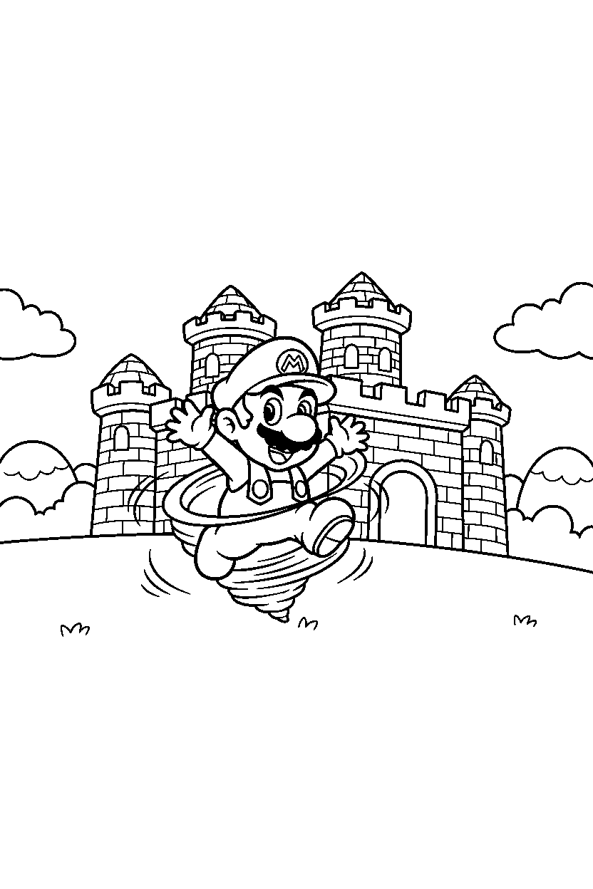 baby mario spinning happily near a fortress line art