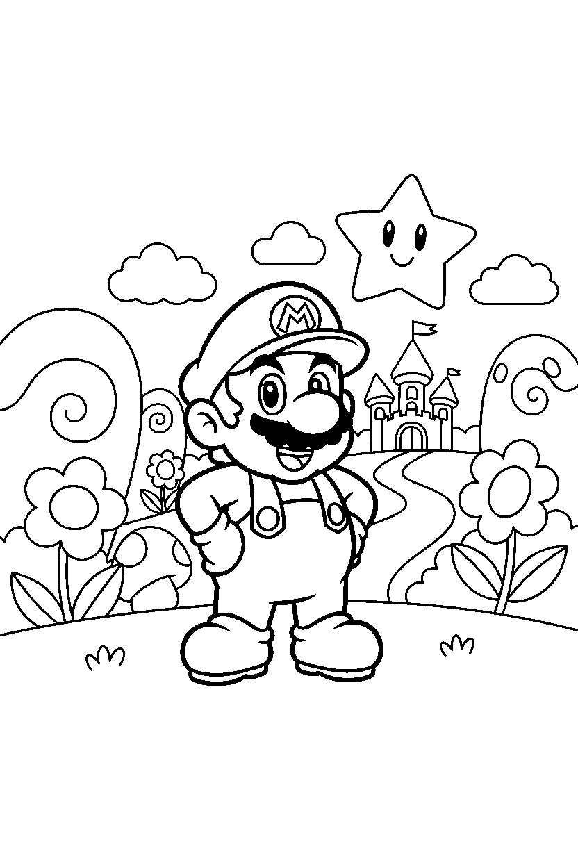 baby mario standing proudly in a magical world line art