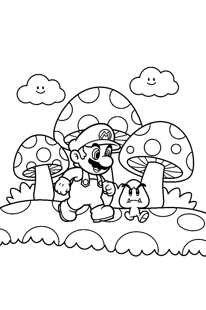 baby mario walking carefully in the mushroom kingdom line art