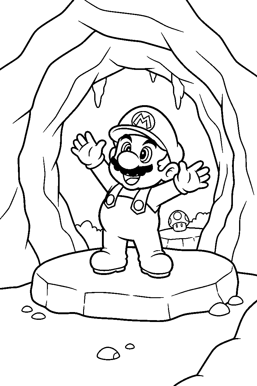 baby mario waving happily in a hidden cave line art